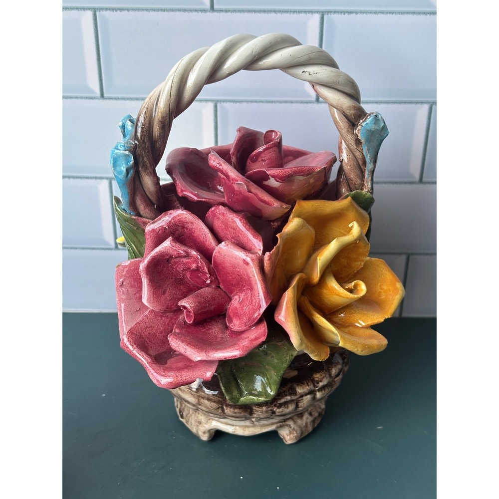 Vintage Capodimonte Italy Ceramic Flower Basket Hand Painted Roses Centerpiece